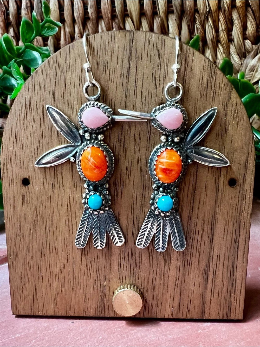 Sterling Silver Hummingbird Earrings Pink Conch Turquoise Spiny Oyster - Picture 4 of 9